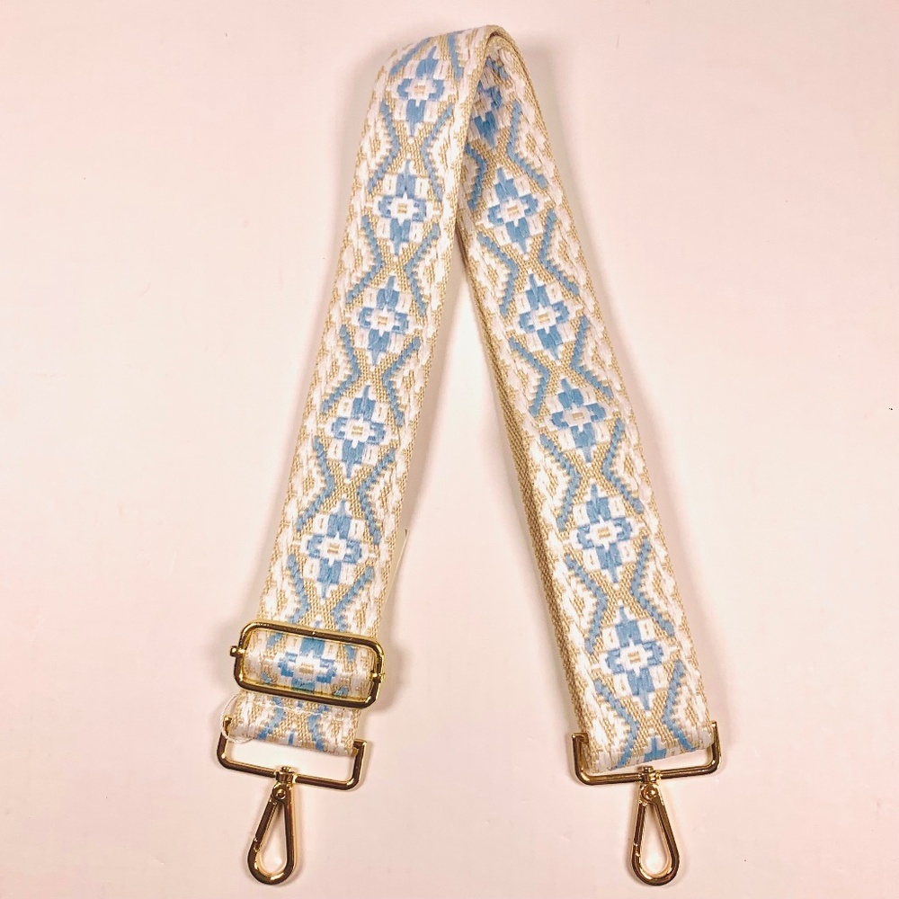 Woven western/Aztec thick embroidered tan blue boho bag guitar strap gold tone